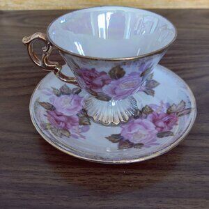 China Footed Teacup and Saucer, June Rose, Vintage 1950's, Pink Rose Lustreware